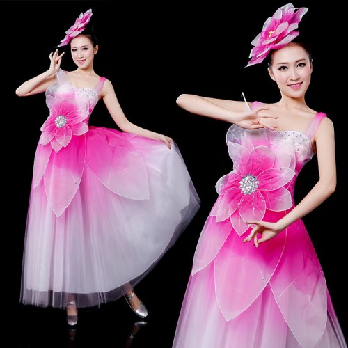 Women's pink flowers chinese folk dance dress modern dance fairy drama cosplay dresses umbdrella fan dance dress